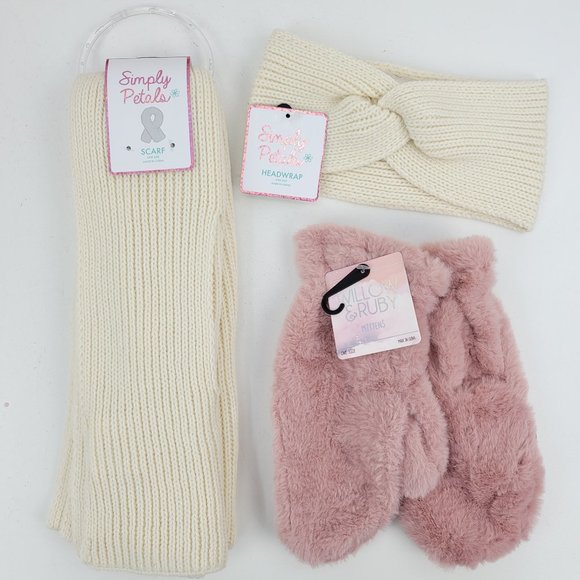 Accessories - New Lot Womens Willow & Ruby Pink Mittens + Simply Petals Cream Scarf & Headwrap